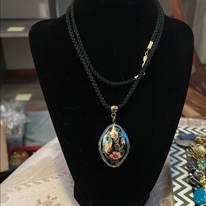 Beautiful vintage cloisonné floral and butterfly Pendant Necklace